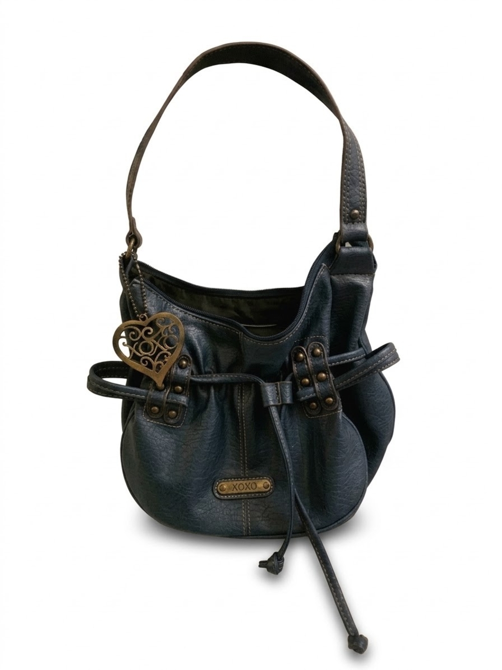 Vintage XOXO Blue Leather Shoulder Bag with Heart Charm